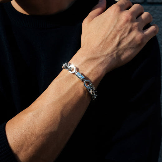 Thick Interlocking Link Bracelet, 925 Sterling Silver