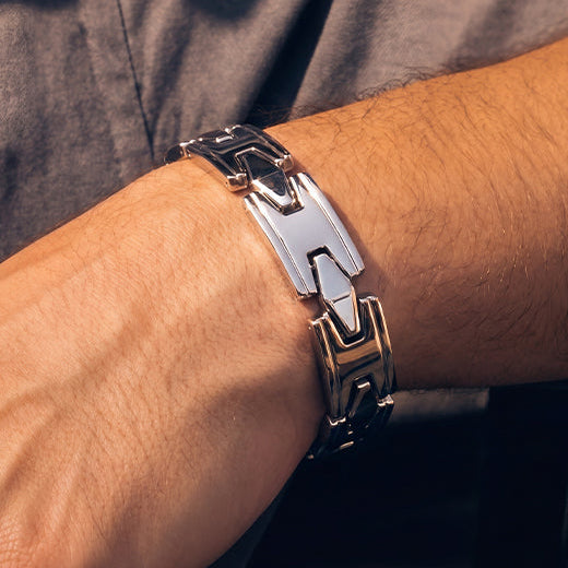 Flat Rectangular Link Bracelet, 925 Sterling Silver