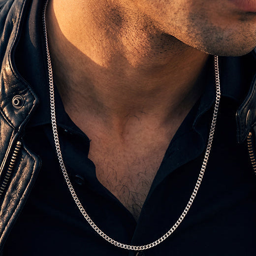 Premium men's thin silver curb chain necklace detail